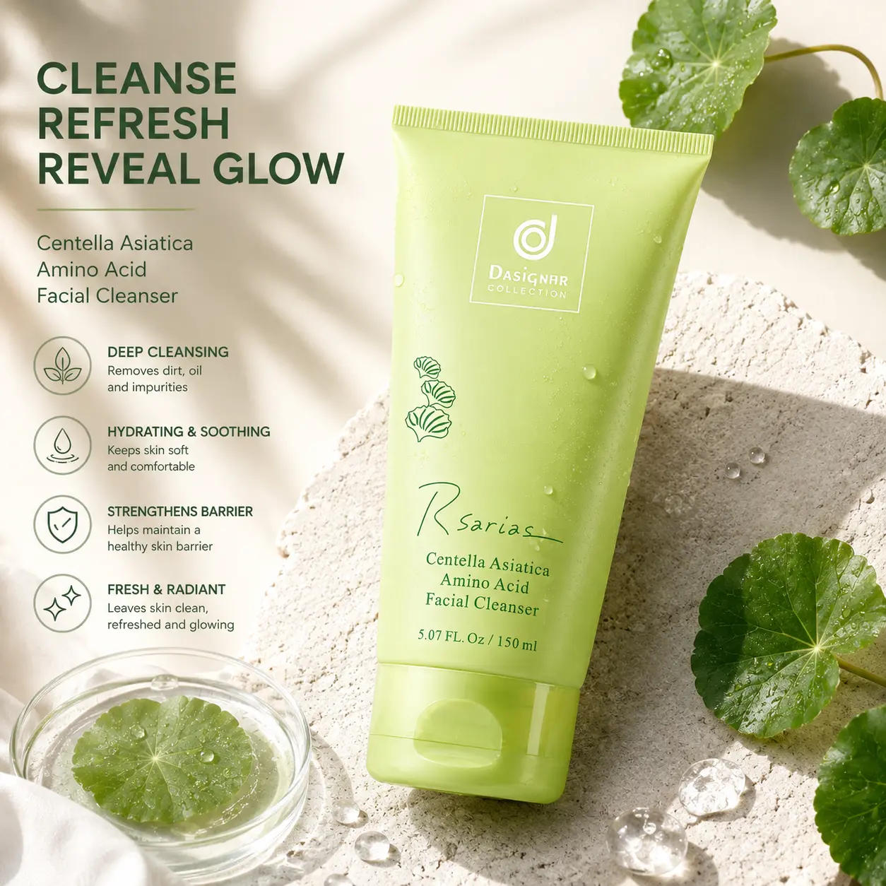 Centella Amino Acid Facial Cleanser, Gentle Daily Face Wash with Soft Foaming Formula, Refreshing Deep Cleansing for All Skin Types