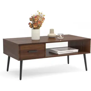Coffee Table, Mid Century Modern Center Table for Living Room with Storage, Walnut  Table with Drawer, Open Storage Shelf, Floor-Anti- Pine  for Home, Office(Dark Brown)
