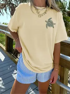 Women's Turtle Print Round Neck Tee, Casual Chic Short Sleeve Crew Neck T-shirt for Summer, Fashion Women's Top for Daily Wear, Lady