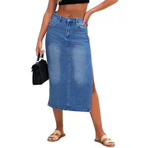 Genleck Denim Maxi Skirt for Women Casual Jean Skirts with Side Spilt High Waisted Denim Skirts Fashion Womenswear