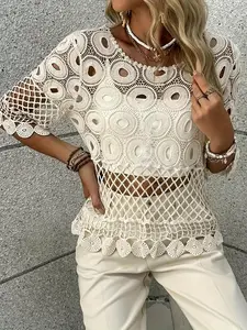 Women's Hollow Out Cover Up Top, Casual Fashion Round Neck Cover Up Top for Summer, Women's Swimwear for Beach Holiday Vacation