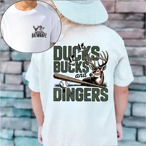 Ducks Bucks and Dingers Kids Shirt, Camo Hunting Baseball Toddler Boy Short Sleeve Shirt,Hunting Season Toddler Shirt, Chocolate Lab Dog Mallard Tee, Cute Kids Tee