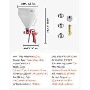 VEVOR Air Texture Spray Gun, 1.45 Gallon Air Hopper Spray Gun, Professional Drywall Texture Painting Sprayer with 3 Nozzles (3.5mm, 6mm, 8mm) for Popcorn, Knockdown, Orange Peel Textures