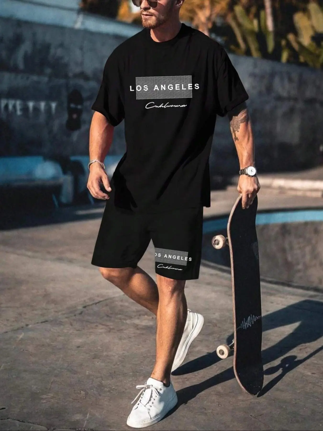 Men's Letter Print Short Sleeve Tee & Skateboard Print Shorts Set, Regular Fit Round Neck T-shirt & Skateboard Print Shorts, Casual Fashion Cozy Breathable Men Two-piece Outfits for Spring