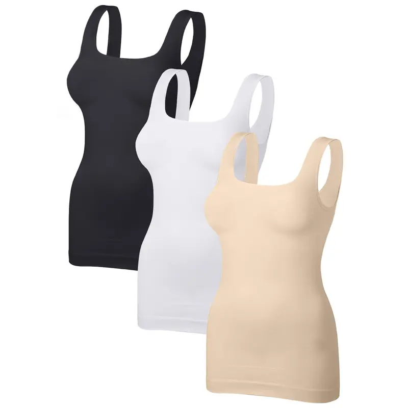 Women's 3-Piece Seamless Square Neck Elastane Shapewear Tank Tops - Elastane Fabric, Body Contouring, Smooth, Breathable, Tummy Control, Comfy Compression, Slimming, Hip-Enhancing Athletic Camisoles