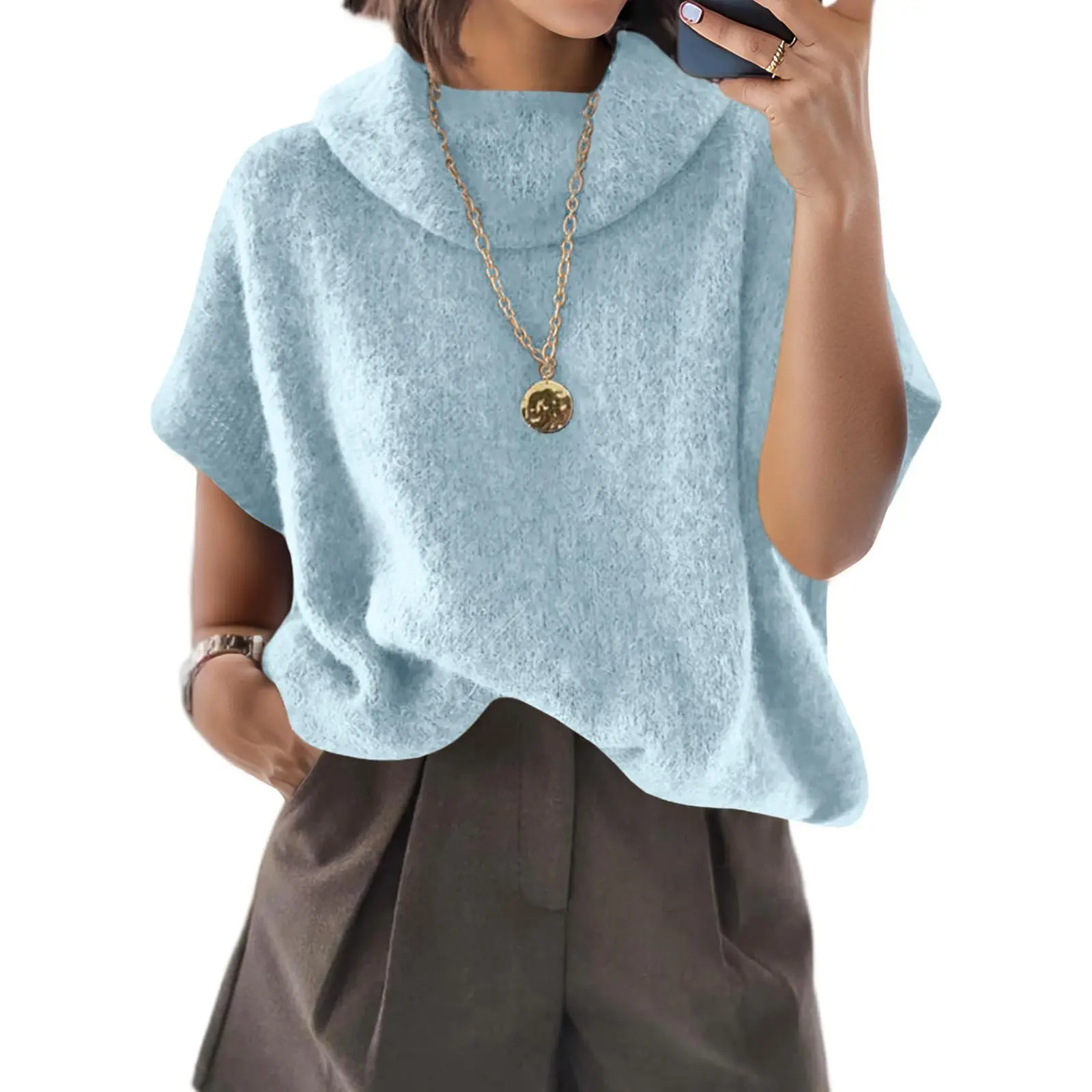 UNCLECAT Women's Knitwear Short-Sleeve Batwing Oversized Turtleneck Collared Knit Pullover - Casual Basic Lightweight Loose Slouchy Clothes Womenswear, Shortsleeve, Polyester, Acrylic, Knit Tops, Collared Knit Clothing, Party