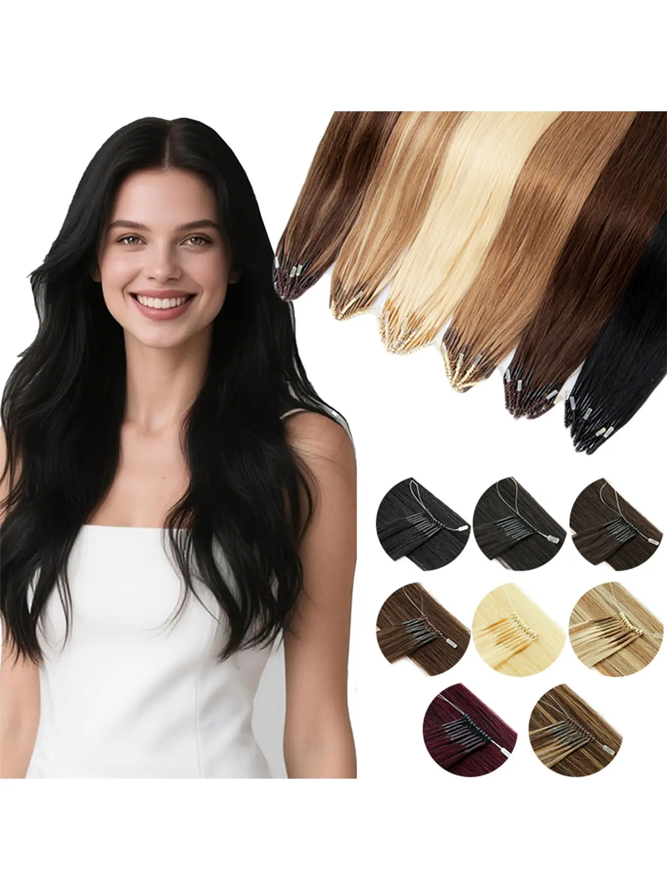 8D Micro Link Hair Extensions, Human Hair Nano Rings with Fish Line, Invisible Machine Remy, 0.6g/pcs, 50 Strands/pack, Real Hair Extensions