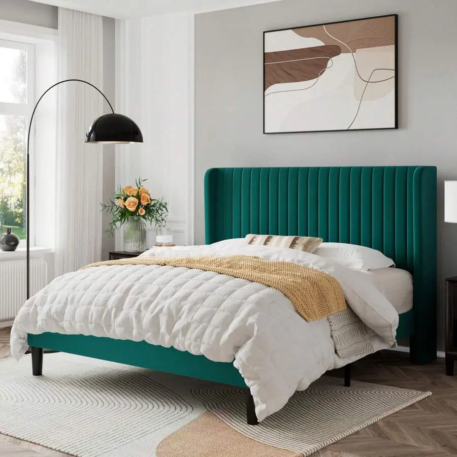 Allewie Full/Queen/King Size Velvet  Frame/Vertical Channel Tufted Wingback Headboard/Upholstered Platform /Strong Wooden Slats/No Box Spring Needed/Easy Assembly/Blue/Black/White/Green/Teal/Pink/Grey *  Frame Queen Queen Bed Modern Color Block Sofa Set