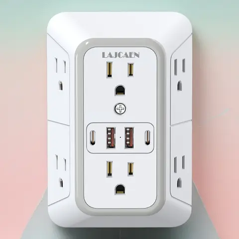 Wall Charger, Surge Protector, 6 Outlet Extender with 4 USB Charging Ports 3-Sided 1050J Power Strip Multi Plug Adapter Spaced for Home Travel Office