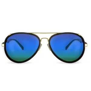 Velvet Eyewear Gloria Aviator Sunglasses -  Black Frame, Grey Fade Blue Flash Lenses, Medium Size, 100% UV Protection, Classic Style V700BK06