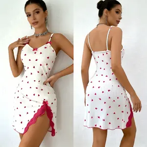 Women's Elegant Lace Trim Sleeveless Nightgown with Heart Print & - Contrast Lace Trim, Hem, Heart Pattern Sleepwear - Soft Comfortable All-Season Homewear, Machine Washable