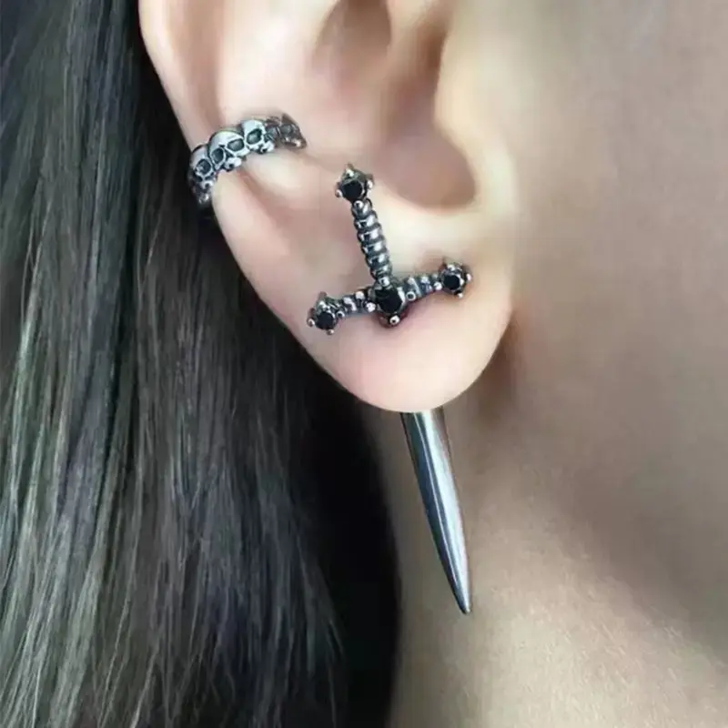 Punk Gothic Sword & Dagger Shaped Drop Earrings, Unique Edgy Dark Aesthetic Jewelry For Daily & Themed Outfits