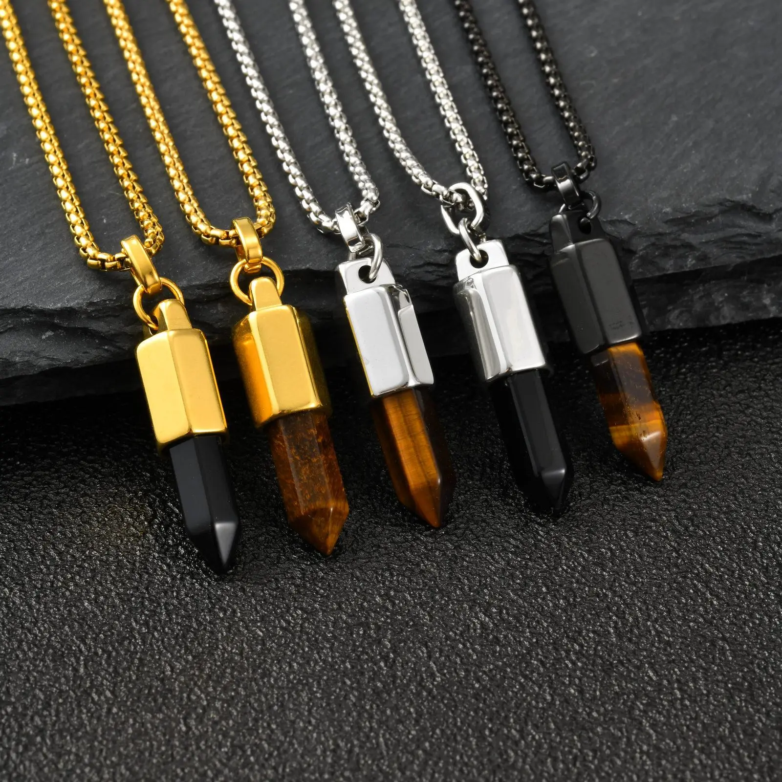 Vnox Stainless Steel Bullet Necklace with Tiger Eye/Black Agate Pendant, Men's Healing Stone Jewelry, Vintage Box Chain Gift New