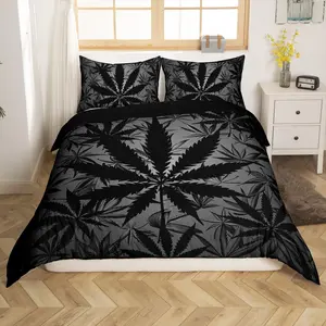 Cannabis Leaf Duvet Cover,Glowing Grey Black Weed Adults Marijuana Weed Comforter Cover,Marijuana Leaf Bed Cover With Wrinkle Free,No Comforter