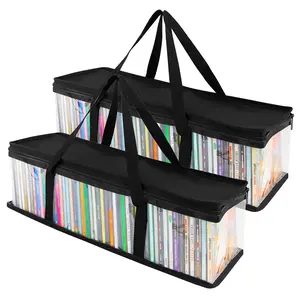 CD Storage Bags (4 Pack) - Transparent PVC Media Storage - Water Resistant CD Holder Case with Handles - Clear Plastic Carrying Game Bag Storage for CDs, Albums, Video Games, Books - Stock Your Home