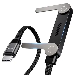 240W USB C Cable 5FT – Fast Charging Type-C Braided Cable with 90° Angle Built-in Stand (Black)