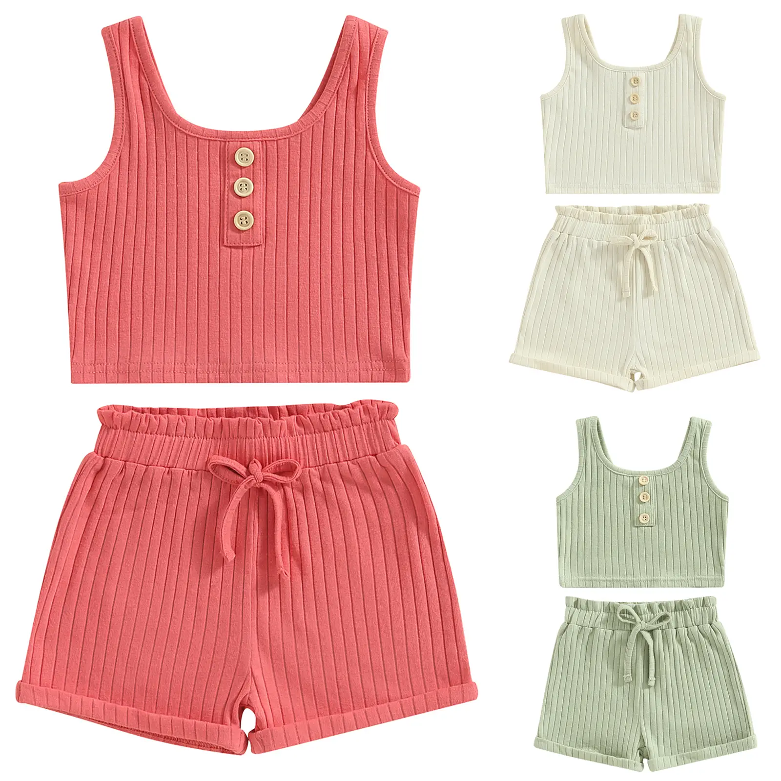 Little Toddler Kids Girl Summer Clothes Solid Color Button Ribbed Vest Crop Tank Tops Drawstring Shorts Infant Cute Outfit 1-8 Years #Springtok