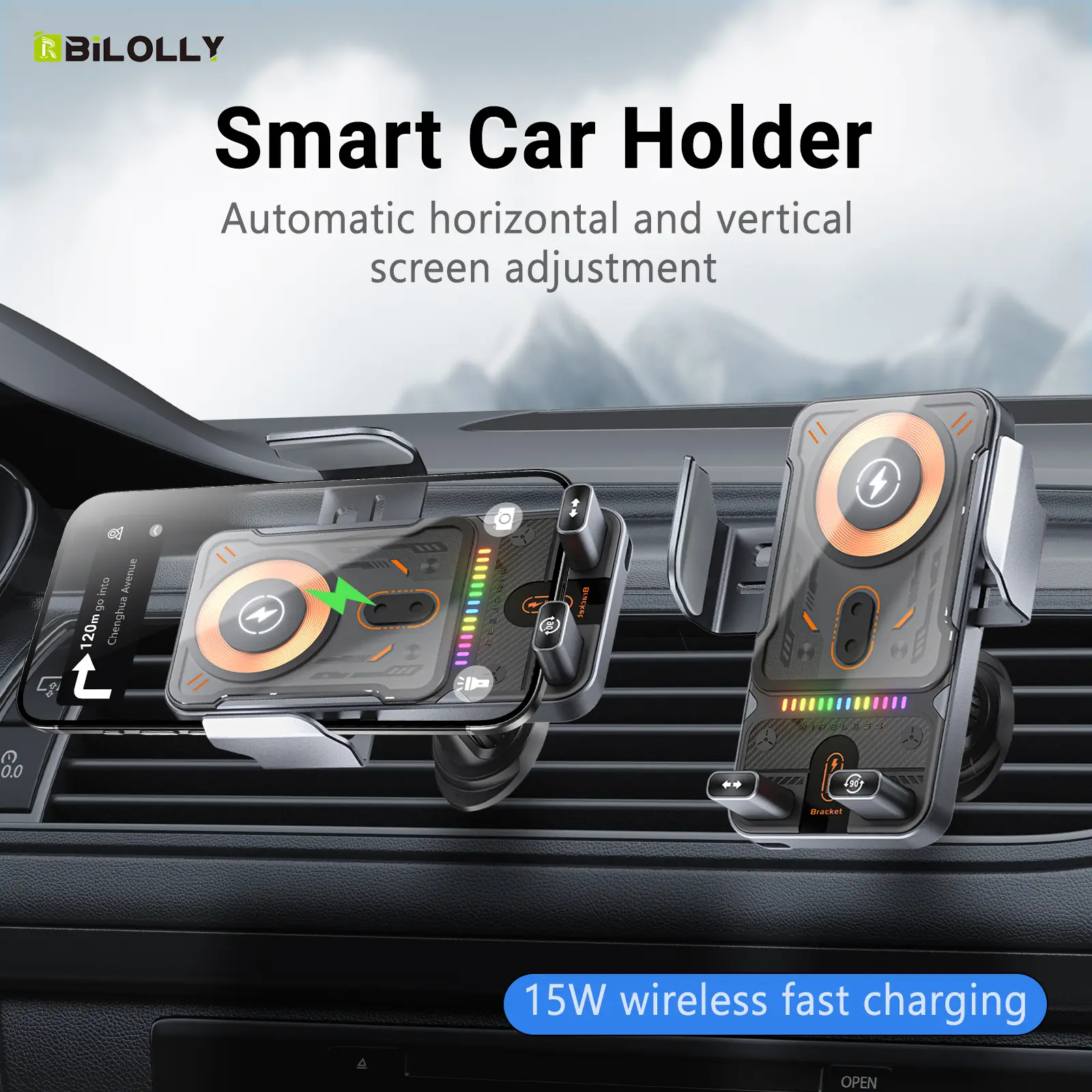 BILOLLY Car Wireless Fast Charging Holder 15W Qi-Charge Automatic Horizontal Vertical Screen Adjustment Intelligent Sensor Opening Closing Universal M