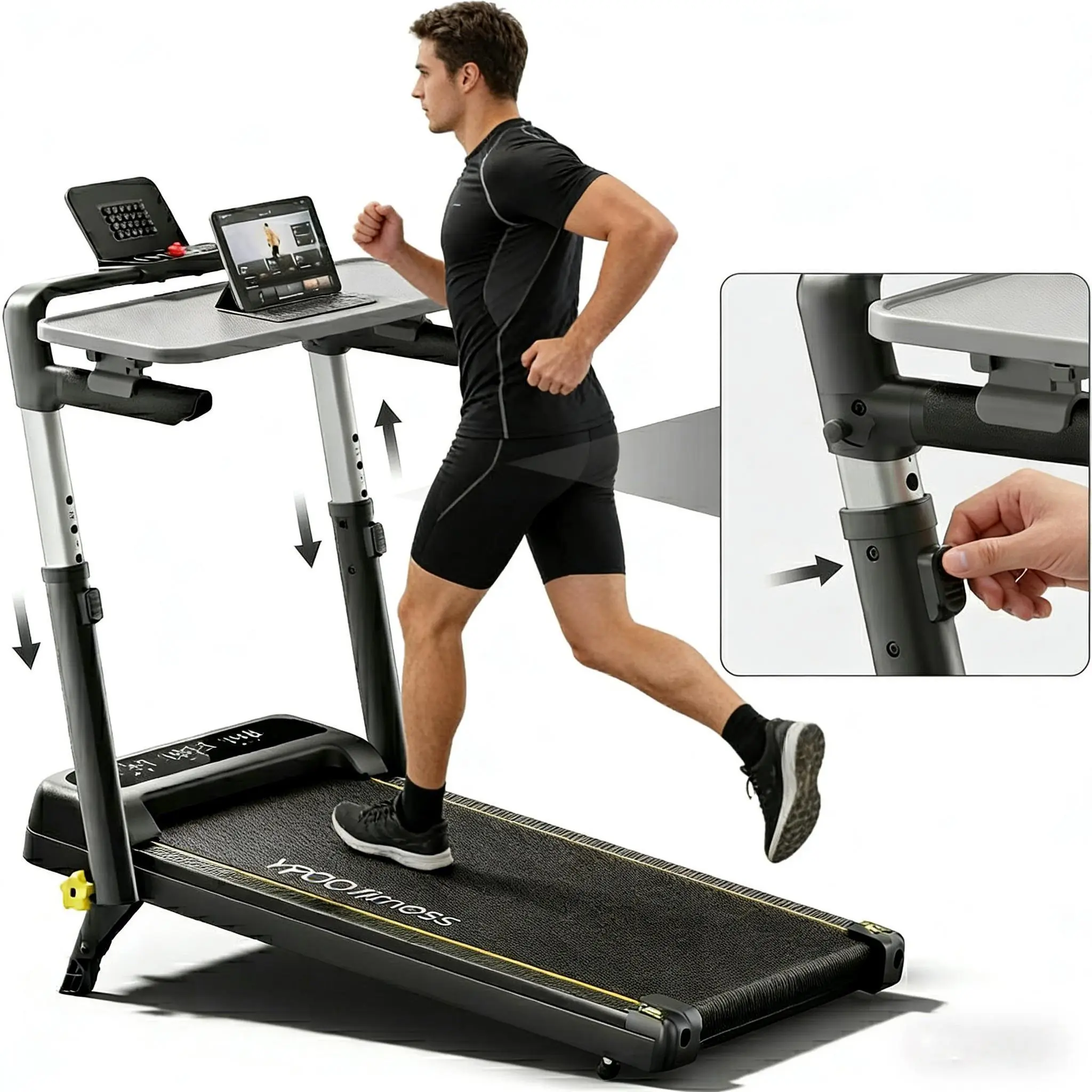 5Treadmill with Side Handles for Safe Home Workout, Quiet Walking Pad for Daily Steps Indoor, 300 LBS Capacity Stable Fitness Machine for Apartment Use, 5 MPH Walking Jogging Treadmill with 15% Incline
