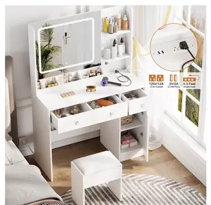 White Vanity Desk Set with Mirror and Lights, Makeup Table with Charging Station, Comfortable Bench, Big Vanity with 3 Storage Compartments, 39.4in