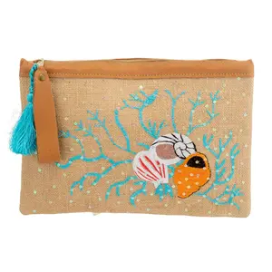 Alex Max Coral Seashells Embroidered Large Pouch Wristlet Clutch, Natural/Multi