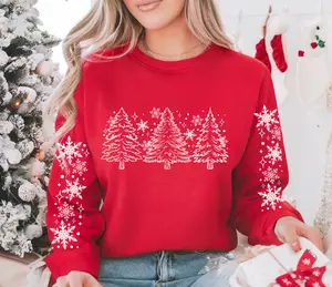 Christmas Trees and Snowflakes Holiday Winter Crewneck Sweatshirt Red Unisex Fit Cotton Blend Graphic Hoodie with Sleeves Casual Womenswear