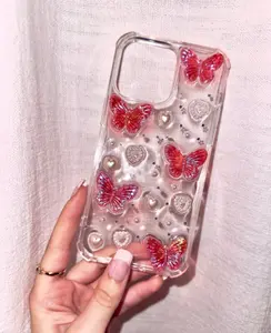 Pink Butterfly and Heart Handmade iPhone Case Gift, Aesthetic iPhone Case, Cute iPhone 14 cases, iPhone 15 Cases Trendy