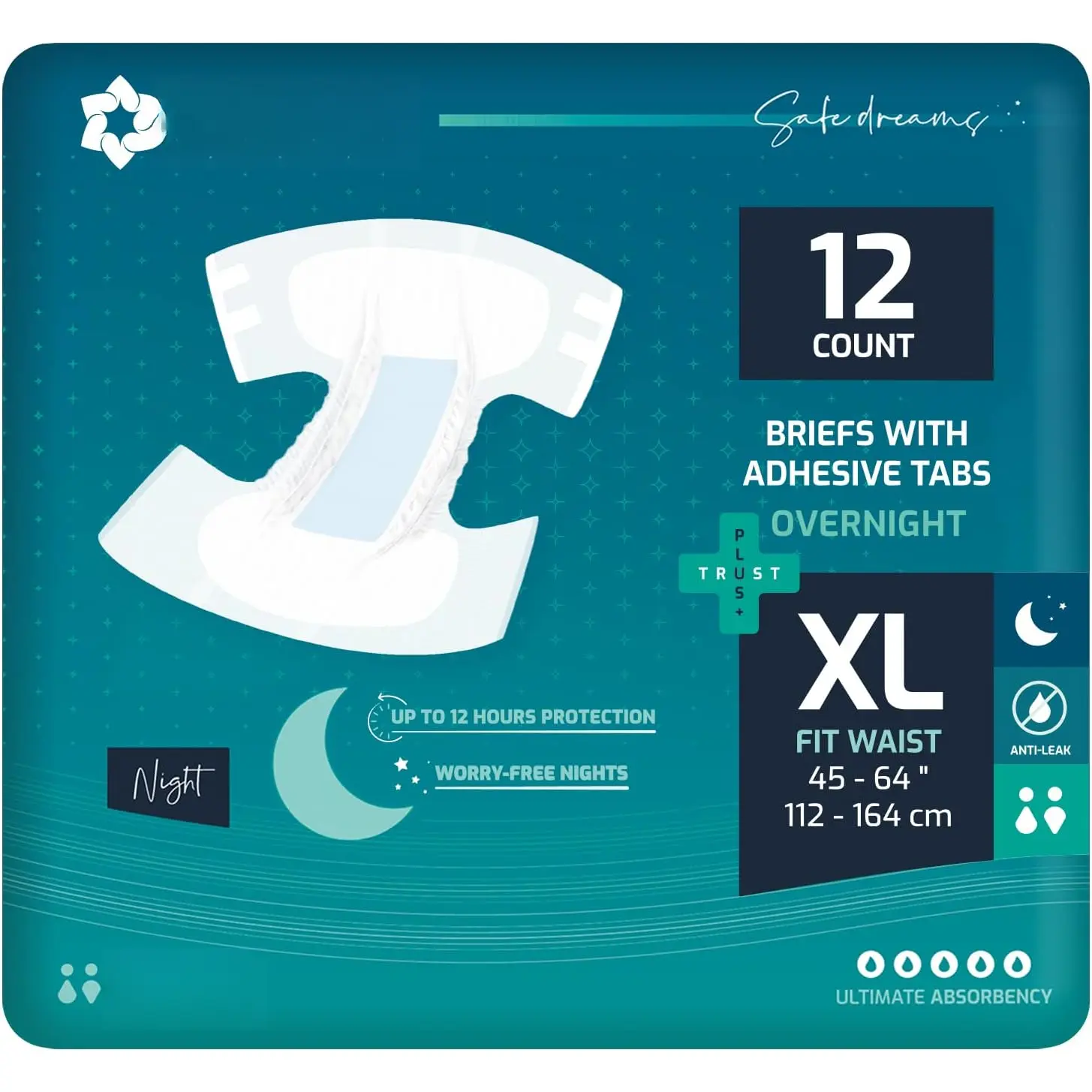 TrustPlus Overnight Adult Diapers with Ultimate Absorbency, Unisex Disposable  Briefs with Tabs for Men and Women, Odor Control, XLarge, 12 Count