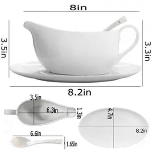 Qlans Gravy Boat With Ladle and Saucer 17 Oz,Ceramic Sauce Boat with Tray for Salad Dressings Milk,Warming Sauces,Creamer,Broth,Black Pepper,White (1 PCS New Gravy Boat With Ladle and Saucer)