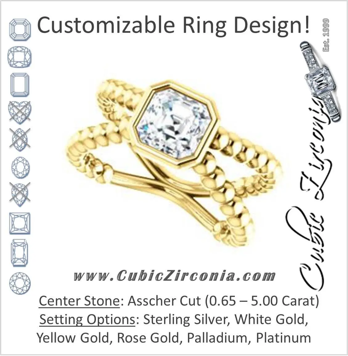 Cubic Zirconia Engagement Ring- The Maria Leeslii  (Customizable Bezel-set Asscher Cut Solitaire with Wide Beaded-Metal Split-Band)