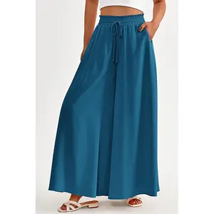 PrettyGarden Women's  Boho Palazzo Pants Summer Wide Leg High Elastic Waisted Flowy Trousers With Pockets