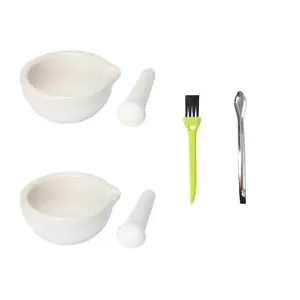 2.4 inch Ceramic Mortar and Pestle Set, 2 Pieces, Spice Mill Grinder Bowls, Pill Crushers with Brush and Spoon, Handheld Seasoning Mills