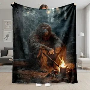 1pc Forest Campfire Bigfoot Sasquatch Theme Super Soft Flannel Throw for All Seasons, Lightweight Breathable Cozy Machine Washable Blanket for Reading Nook, Home Office, RV Travel, Backyard Camping, Yoga & Meditat