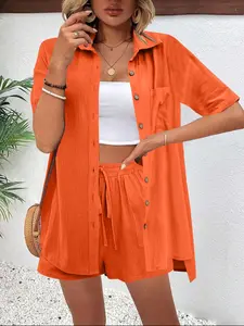 2-Piece Cotton Linen Solid Casual Shirt and Shorts Set, Loose Comfortable Style, Lightweight Breathable Open Front Top + Drawstring Shorts, Summer