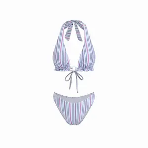 Cider High Stretch Striped Halter Neck Ruched Ring Detail Bikini Set