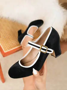 Dark Green/Navy/Black Three Colors Women's Velvet Mary Jane Chunky Heel High Heels Contrast White Trim Adjustable Gold Buckle Retro Classy Comfortable Non-Slip Daily Commute Office Party Wedding Four Seasons Versatile Flats