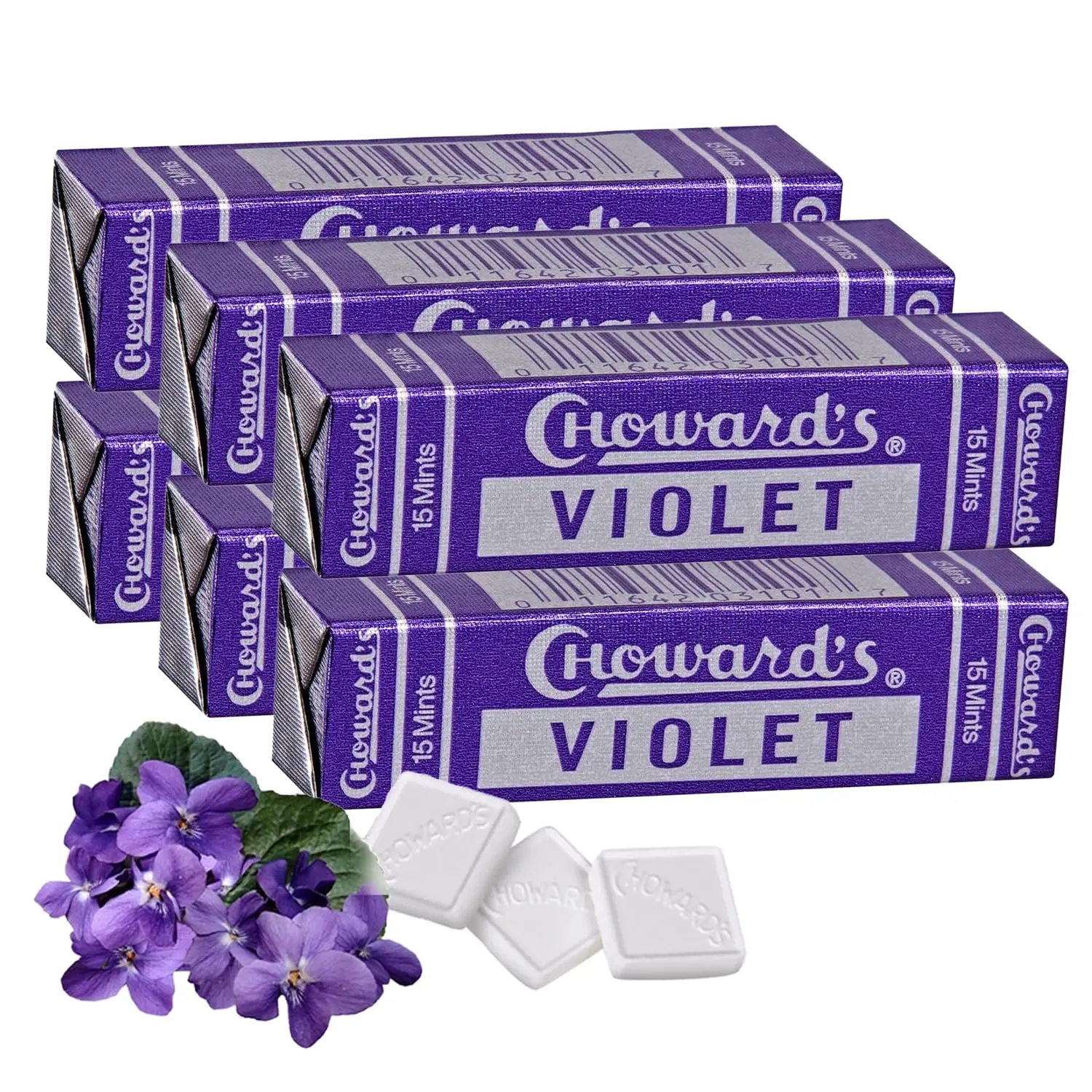 Choward's Violet Mints Candy | Bold Aromatic Flavor | Perfect for Snacks in Lunchboxes, Travel, Sharing, and Gifting | Nostalgic Vintage Candy | 6 Pack (15 Mints Per Package)