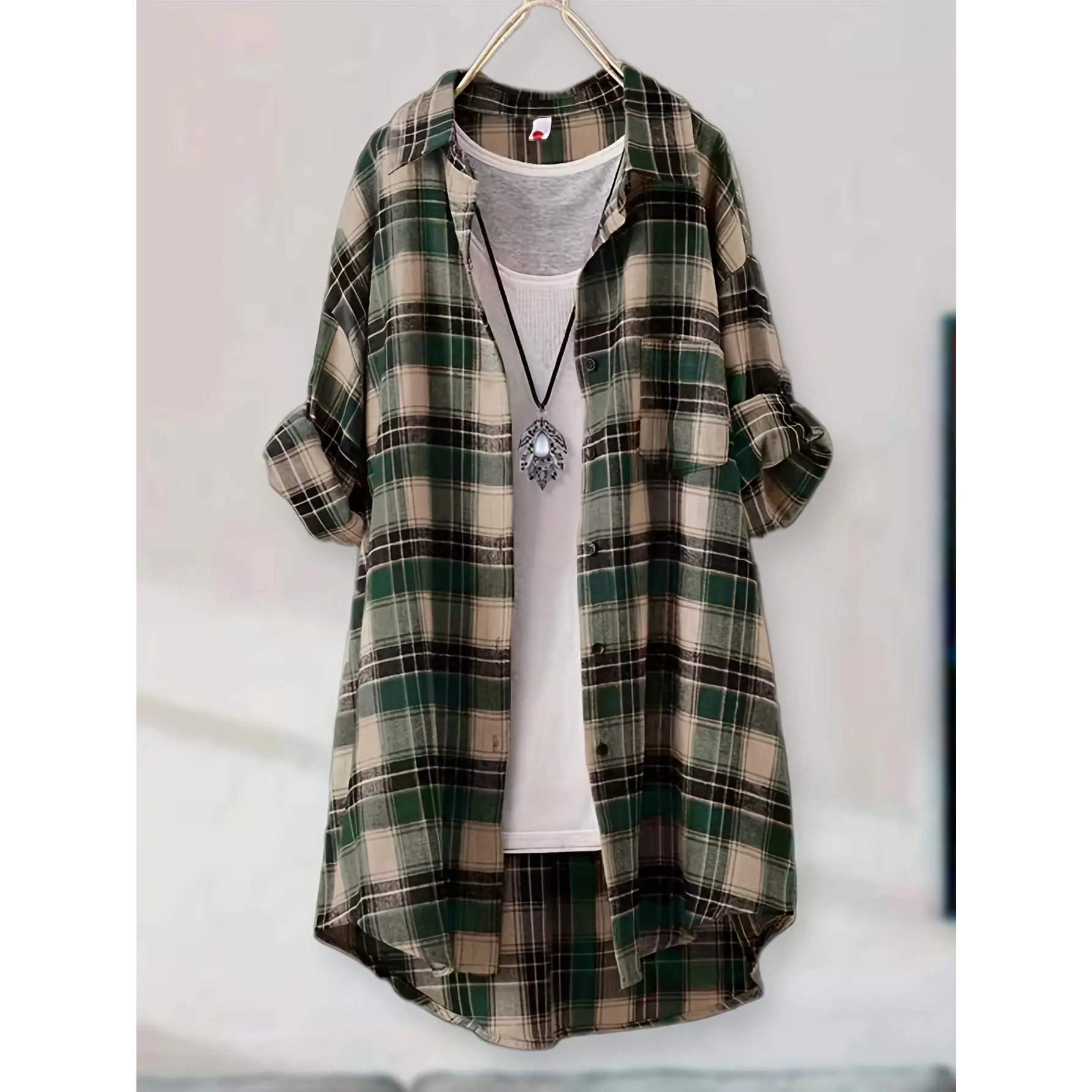 Women's Vintage Plaid Collared Woven Polo Blouse - Oversized, Long-Sleeved, Casual Button-Up, Lightweight Polyester Fabric Top, Spring Summer Wear, Machine Washable, Button-Up Front, Plaid Print, Do Not Dry Clean