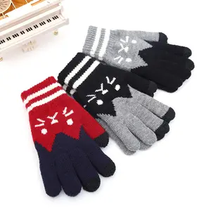 Cute Stylish Cat Pattern Gloves, Winter Acrylic Color Block Gloves, Warm Windproof Anti Slip Touchscreen Design for Daily Casual Outdoor Wear
