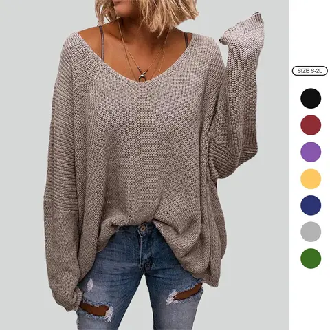 Imily Bela Women's V Neck Long Sleeve Knit Loose Oversized Pullover Sweater