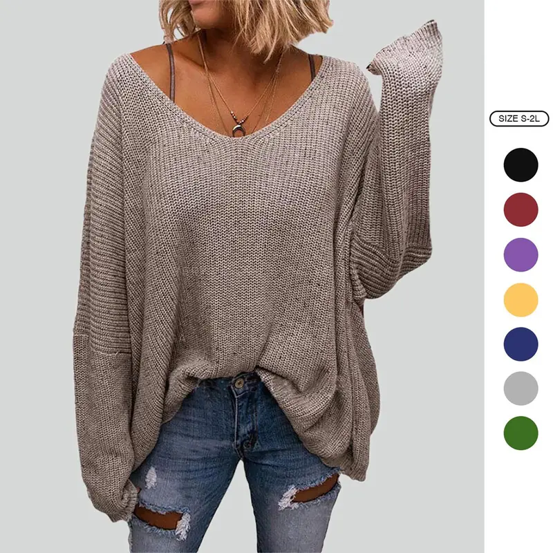 Imily Bela Women's V Neck Long Sleeve Knit Loose Oversized Pullover Sweater