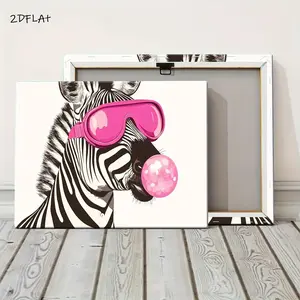 2D Flat, Whimsical Zebra Wall Art with Pink Goggles & Bubble Blowing - Framed Canvas Painting in Classic Wood Border, Retro/Art Deco Style - Ready-to-Hang Indoor Decor for Living Room, Bedroom, Office - Housewarming Wedding Party Gift - Durable Fram	