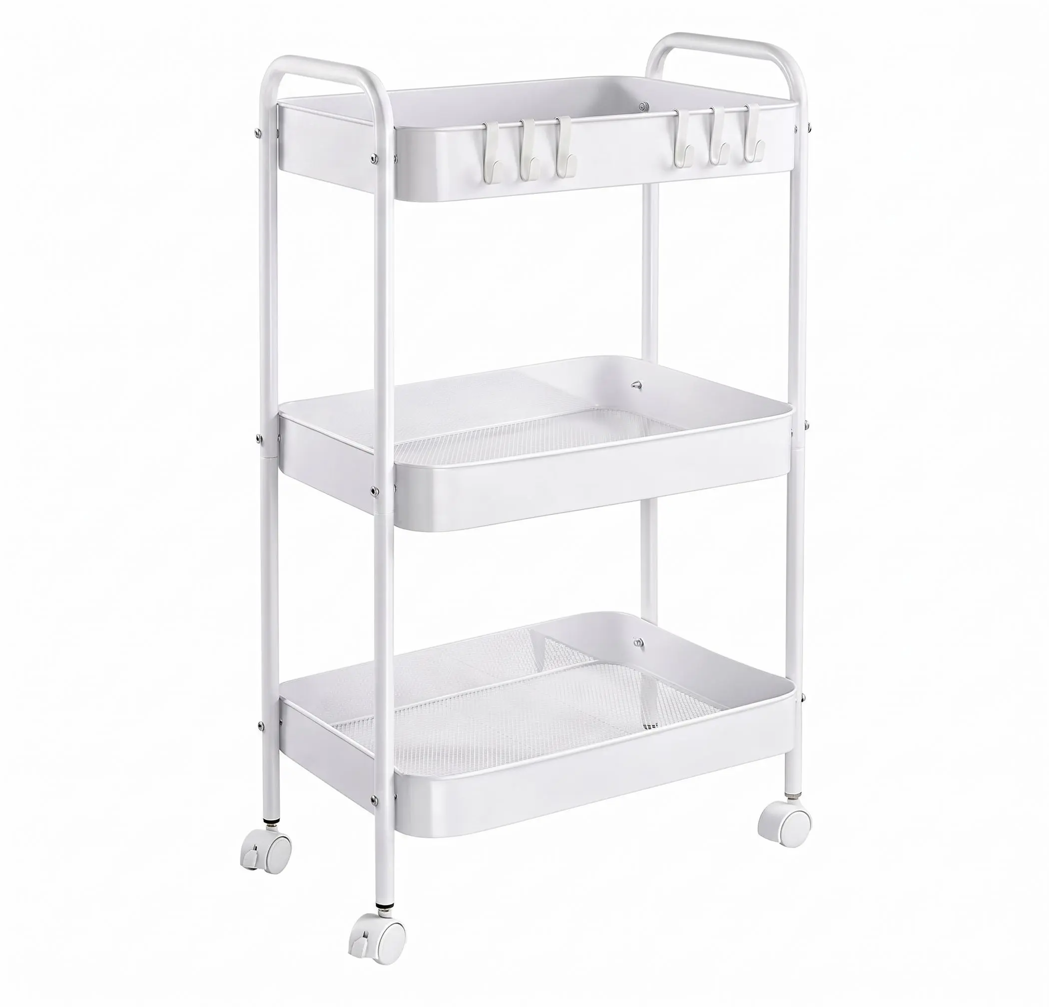 3-Tier Rotatable Rustproof Carbon Steel Utility Organizer - Lockable Wheels, Handle, 6 Side Hoops, Heavy-Duty Storage Rack for Kitchen, Apartment Stuff, Storage Organization, Small Room Organization Products, Bathroom Upgrade, Room Storage, Organizer Stor