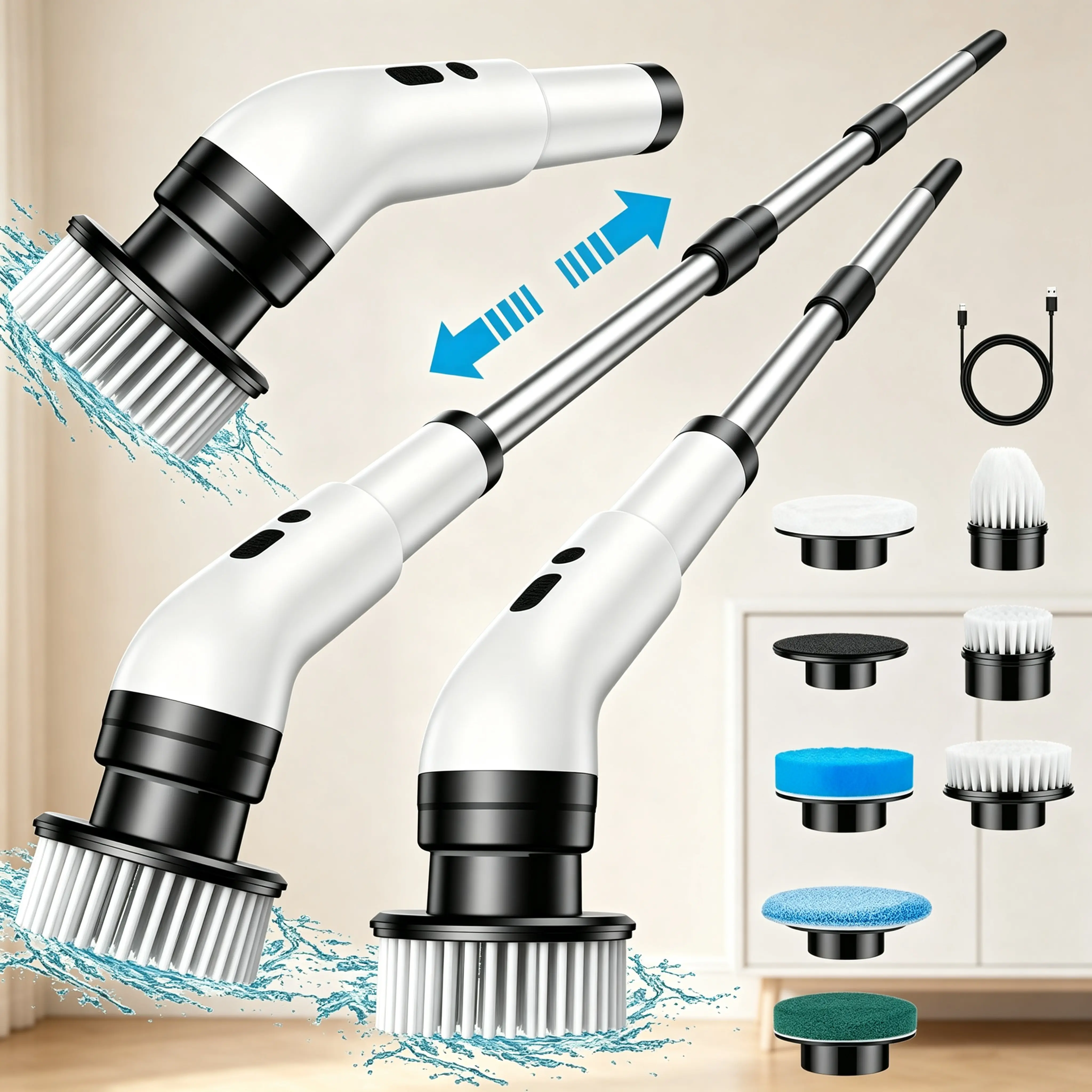 Electric cleaning brush, with wireless design, comes with replaceable brush head, supports speed adjustment, extends handle, suitable for various scenarios such as floors, furniture, bathrooms, kitchens, and cars.