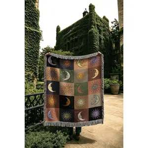 Celestial Astrology Blanket | Moon and Sun Woven Tapestry | Esoteric Dark Academia Patchwork Throw Blanket
