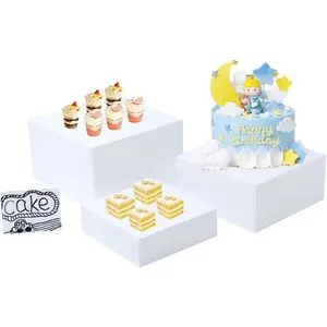 3 count Buffet Risers,Dessert table display set, Catering supplies buffet display, risers display stands, White  Cube Boxes Nesting Risers with Hollow Bottoms - 1 Set (6.5", 7.5", 8.5")