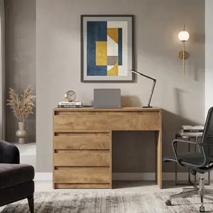 Industrial Rustic Wood Computer Desk with 5 Drawers & File Cabinet, Built-in Printer Stand, Compact Study Writing Workstation, Home PC Table with Storage for Small Spaces
