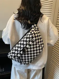 New Black-and-White Checkered Chest Bag Versatile Fashionable Casual Sports Crossbody Bag Checkered Bum Bag Compatible with Hoodies & T-Shirts Large Capacity Shoulder Bag for Leisure