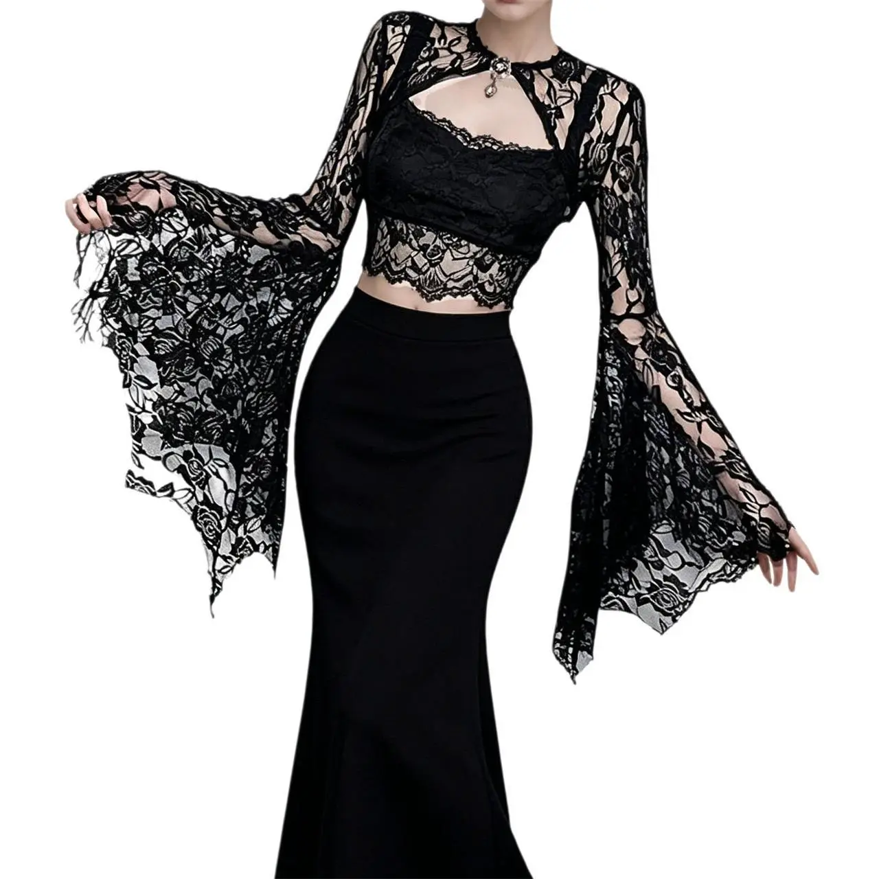 Medieval Crop Shrug Cardigan Women - Black Lace Floral See Through, Crew Neck Bat Long Sleeve, Goth Punk Flare Bolero Tops for Formal Evening Dresses