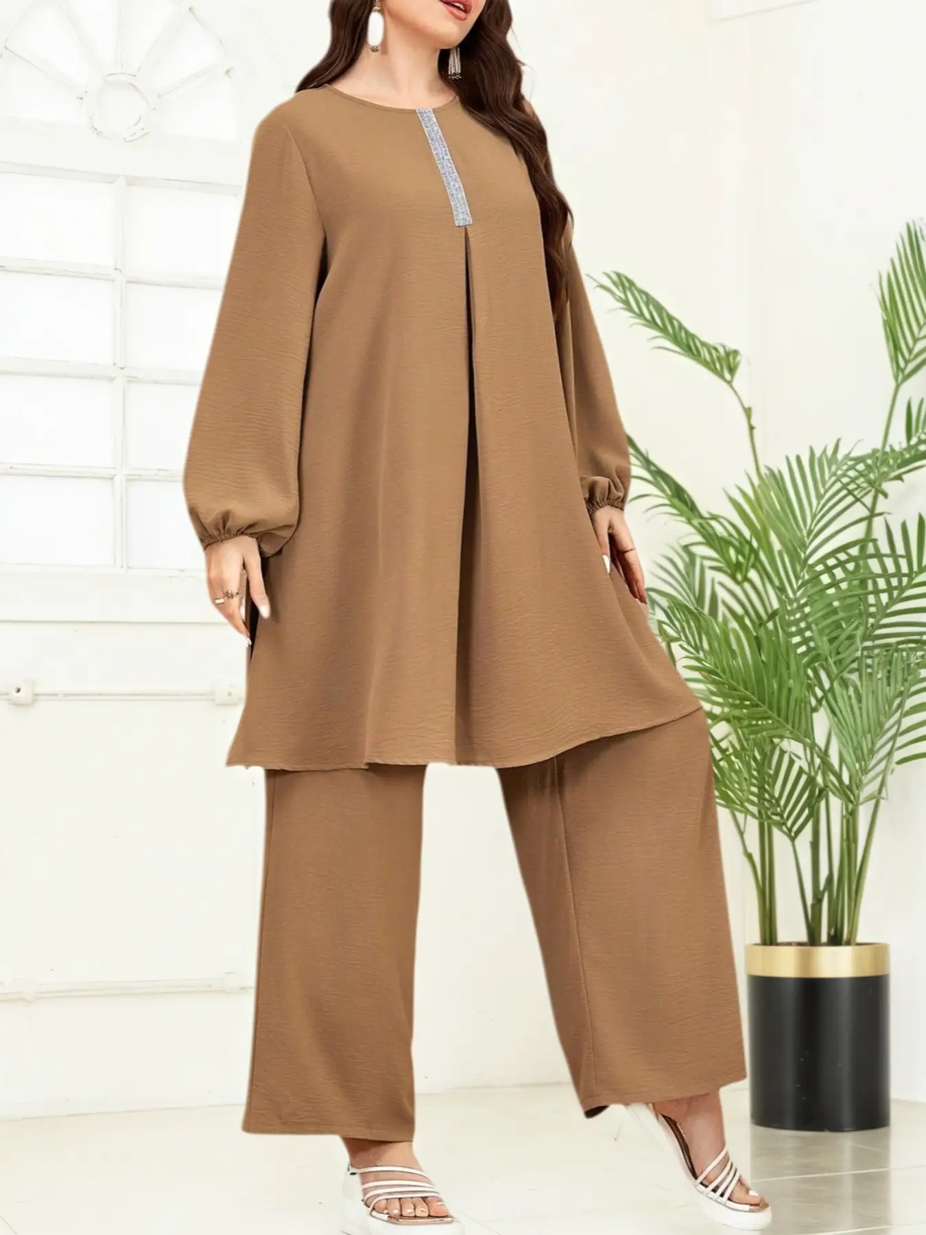 Women's Casual Fashion Two-Piece Set, Long Sleeve Top & Straight Leg Pants, Loose Fit, Arabic Style, Plus Size, All Seasons Wear